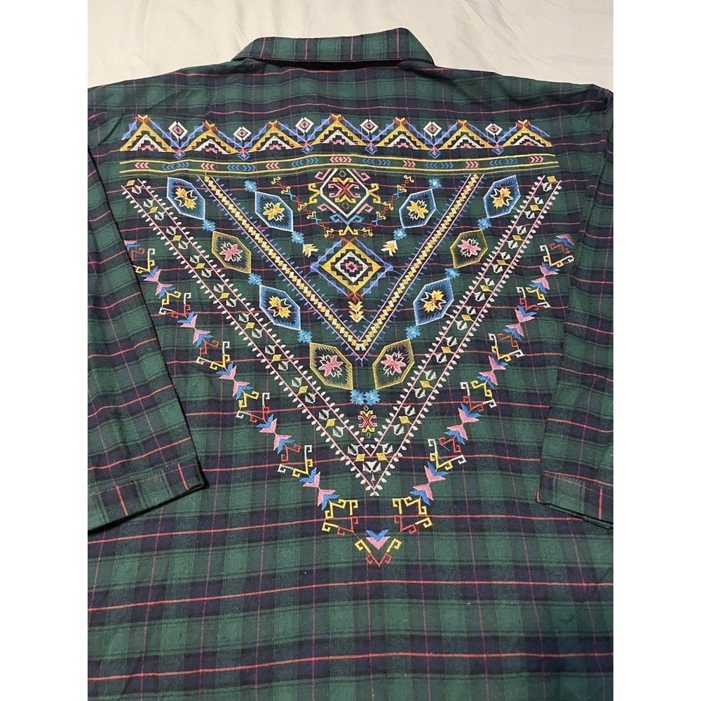 Umgee Green Plaid Flannel  Shirt Aztec Embroidered Back Button Up Long Sleeve 2X